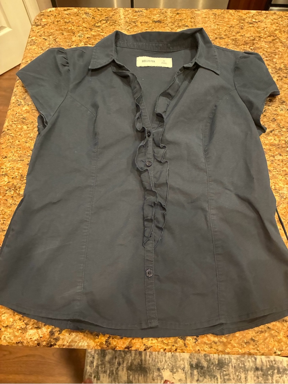 Hollister Navy Short-Sleeve Ruffle Button-Down Top